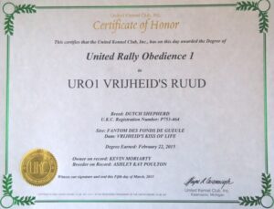 Certificate of Honor awarding the the degree of United Rally Obedience 1